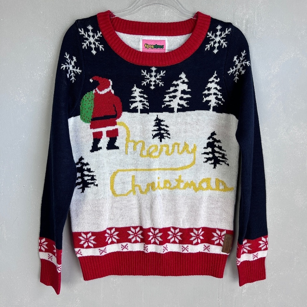 Tipsy Elves men’s size M ugly Christmas sweater Santa Claus yellow snow red blue
